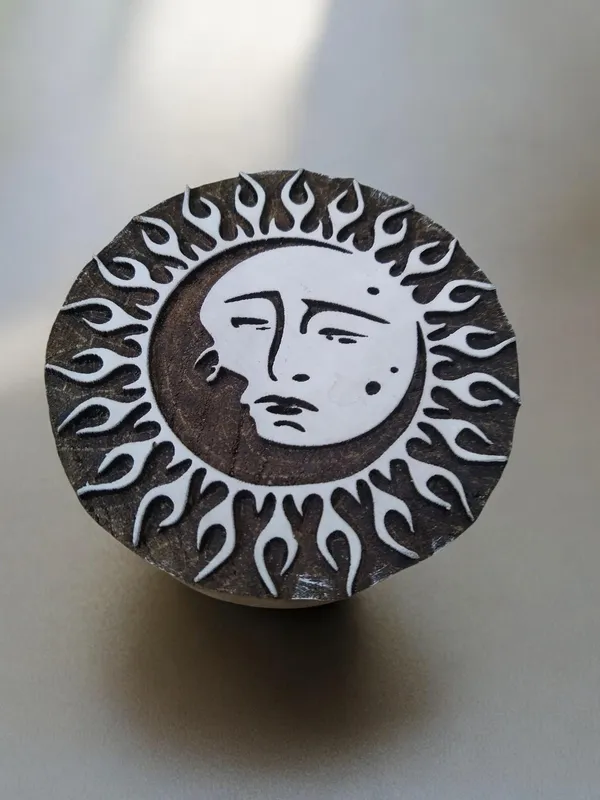 Sun & Moon In Love , hand carved Indian wood printing block; textile stamp; pottery stamp,