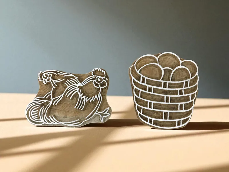 Hand Carved Hen & Cock Wood Printing Block, Indian Textile Stamp