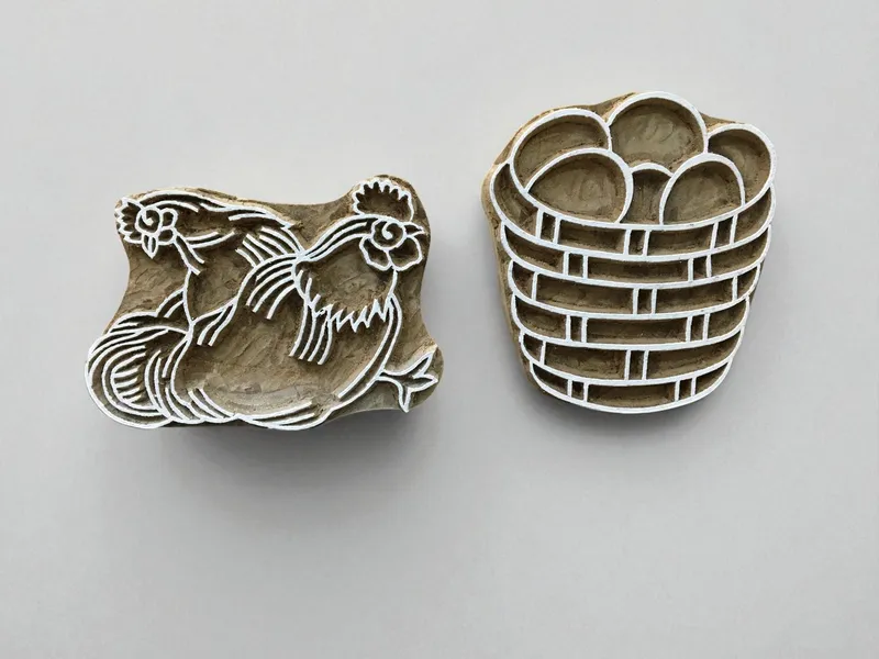 Hand Carved Hen & Cock Wood Printing Block, Indian Textile Stamp