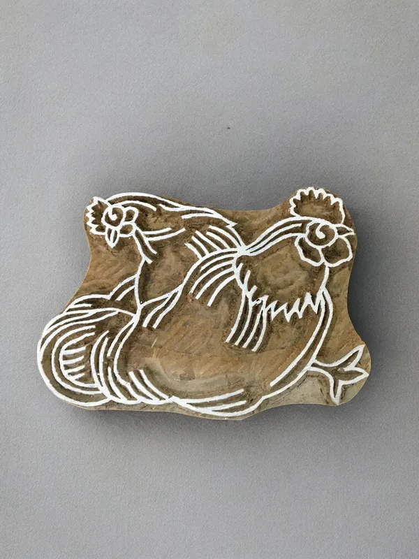 Hand Carved Hen & Cock Wood Printing Block, Indian Textile Stamp