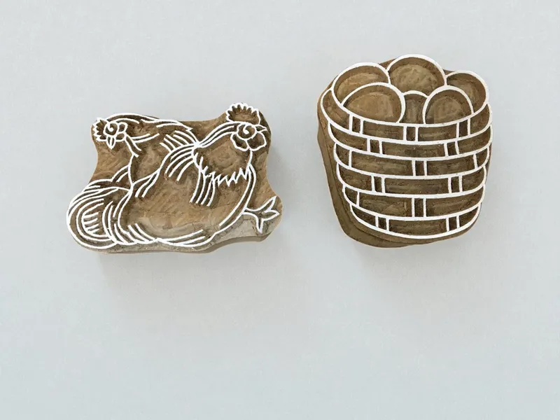 Hand Carved Hen & Cock Wood Printing Block, Indian Textile Stamp