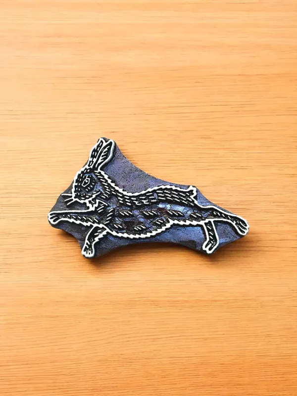 Leaping Hare Printing Block, Indian Wood Carving (7x4.5cm)