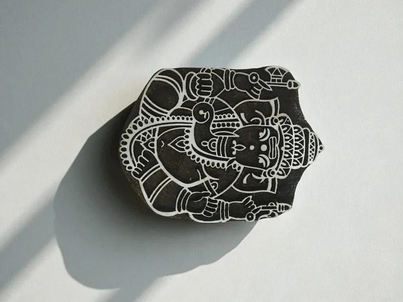 Ganesh Design Wood Printing Block, Hand Carved Indian Stamp
