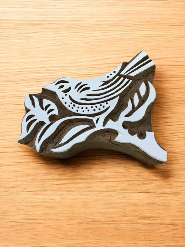 Bird on Branch, hand carved Indian wood printing block; textile stamp; pottery stamp,