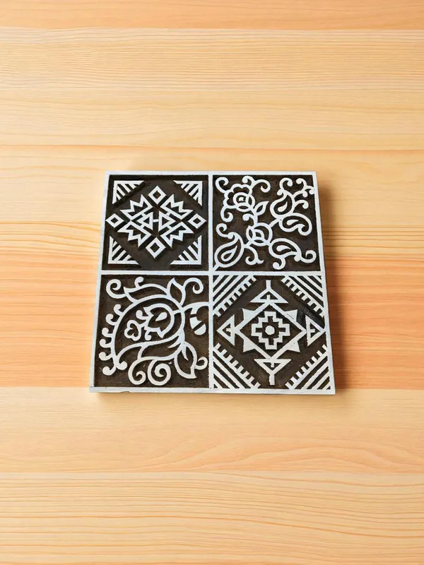 Hand Carved Indian Wood Printing Block, Square Repeat Pattern, Textile Stamp