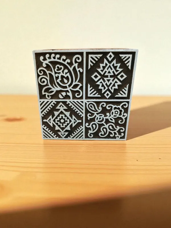 Hand Carved Indian Wood Printing Block, Square Repeat Pattern, Textile Stamp