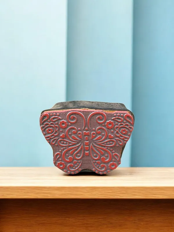 Detailed Butterfly Wood Stamp, Hand Carved Indian Printing Block