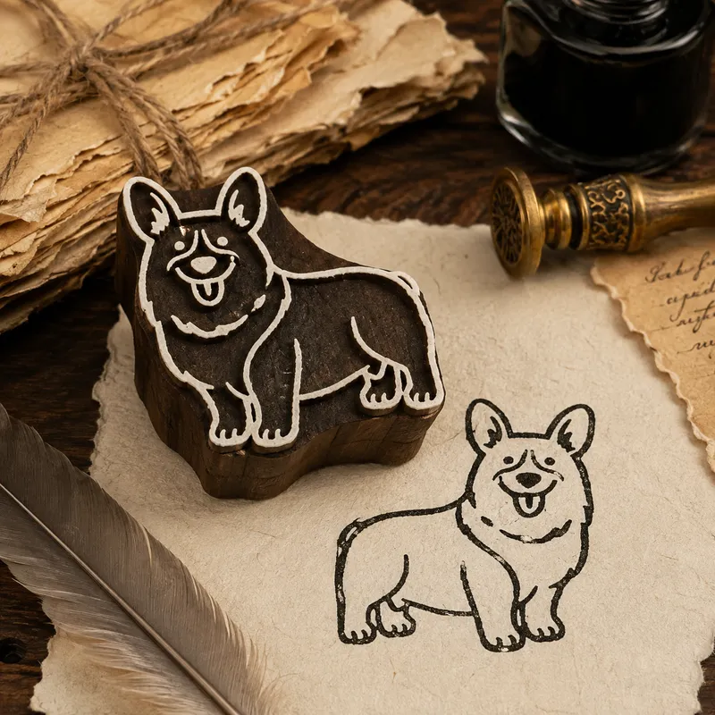 Corgi, Hand Carved Indian Wood Printing Block