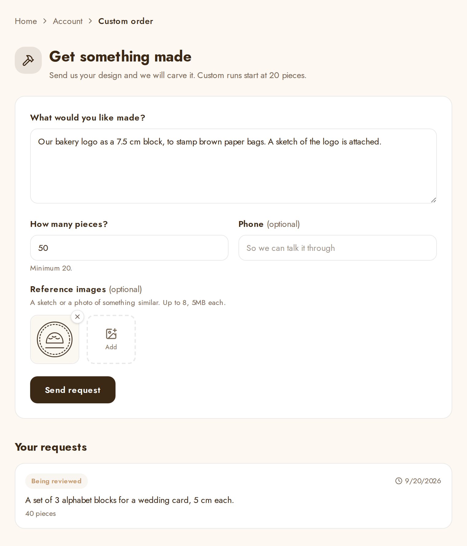 The custom order form in a WoodStampArt account: describe the design, number of pieces, reference images