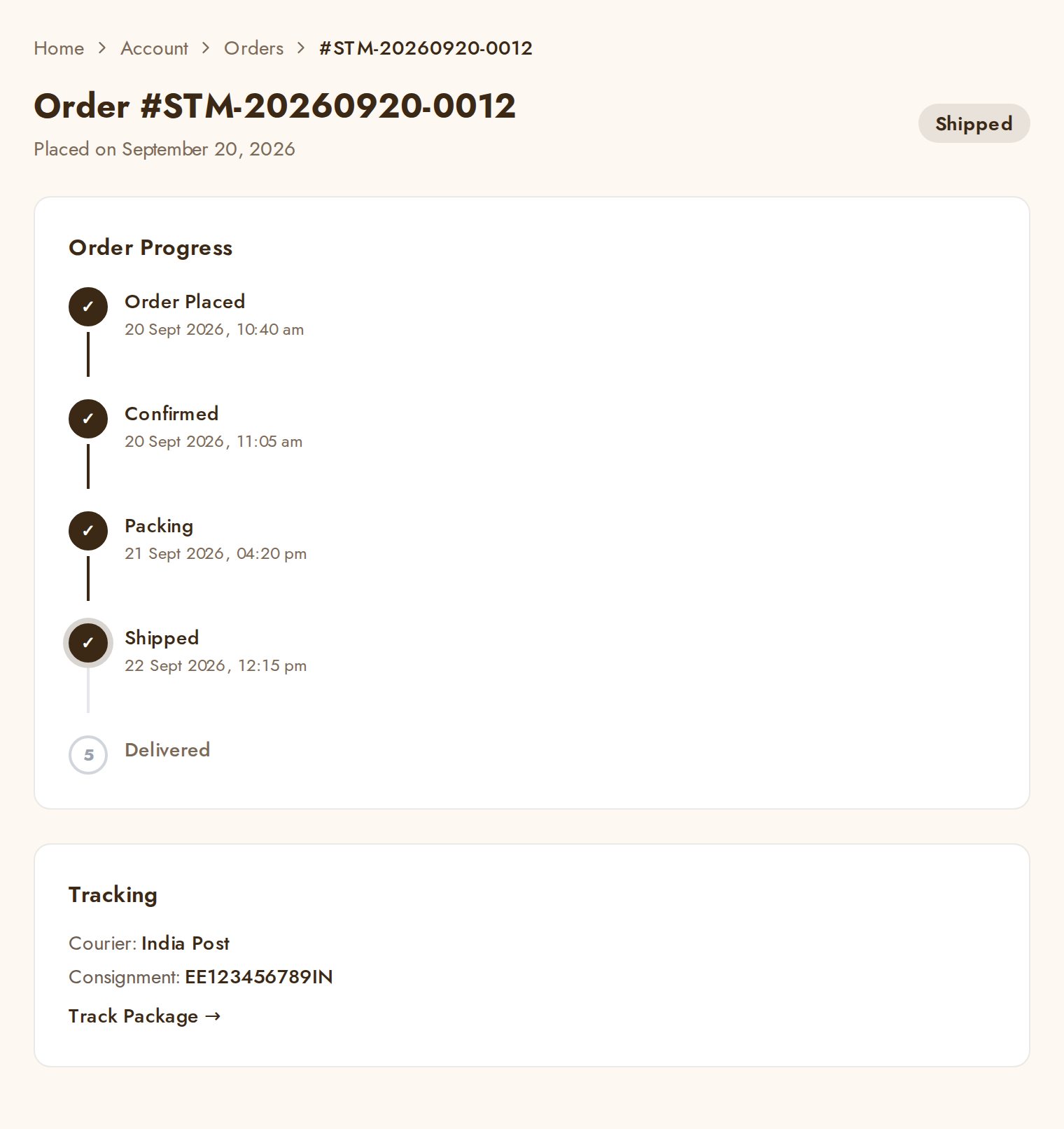 An order page in a WoodStampArt account showing order progress up to Shipped and the courier tracking number