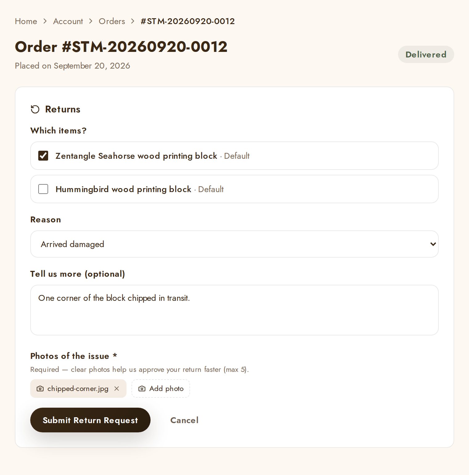 The return request form on a WoodStampArt order page: pick the item, the reason and add a photo